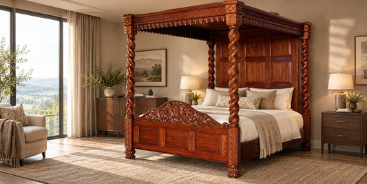 Barley Twist Tudor Style Four Poster Bed | Heavily Carved Solid Mahogany | Double, King & Super King Beds & Bed Frames CasaFenix