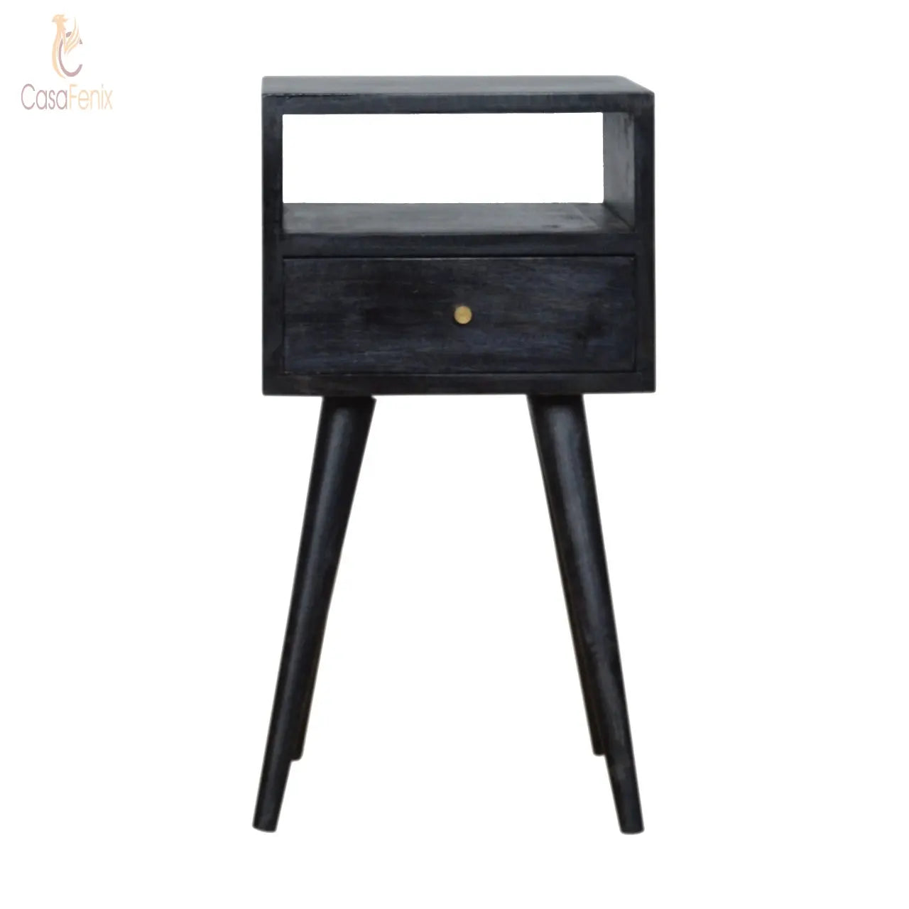 Small Ash Black Finish Bedside Table 1 Drawer Solid Wood Chest - CasaFenix