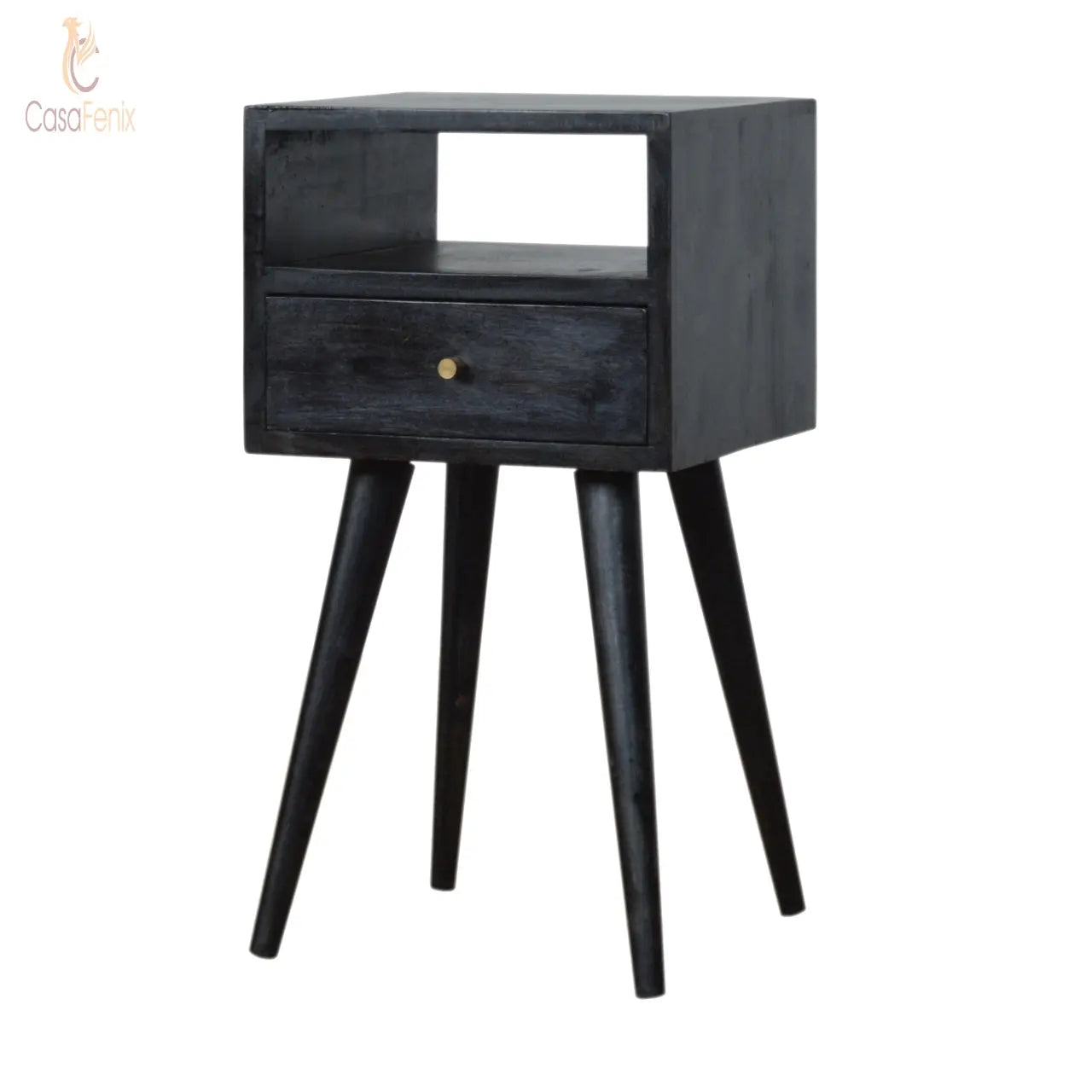 Small Ash Black Finish Bedside Table 1 Drawer Solid Wood Chest - CasaFenix