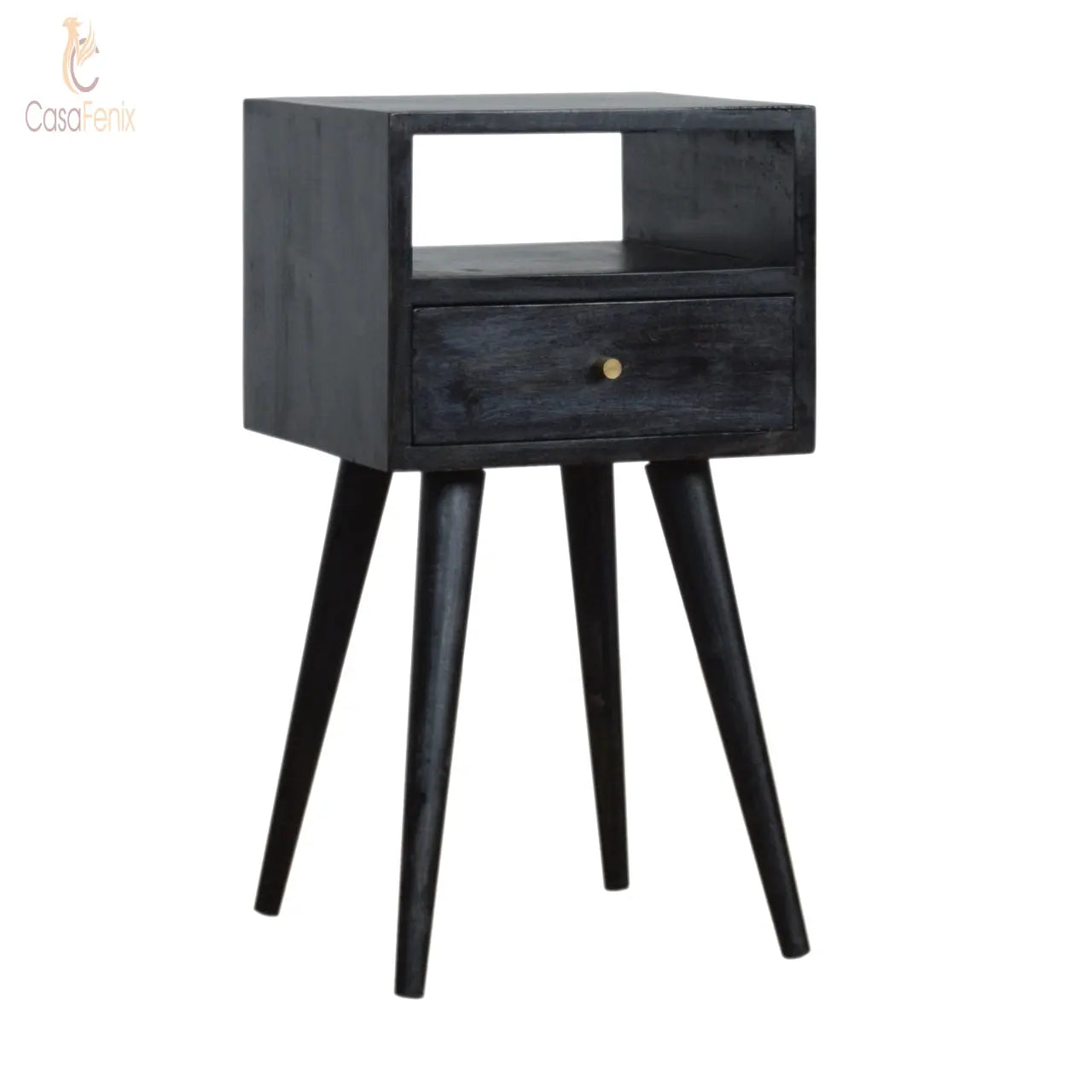 Small Ash Black Finish Bedside Table 1 Drawer Solid Wood Chest - CasaFenix