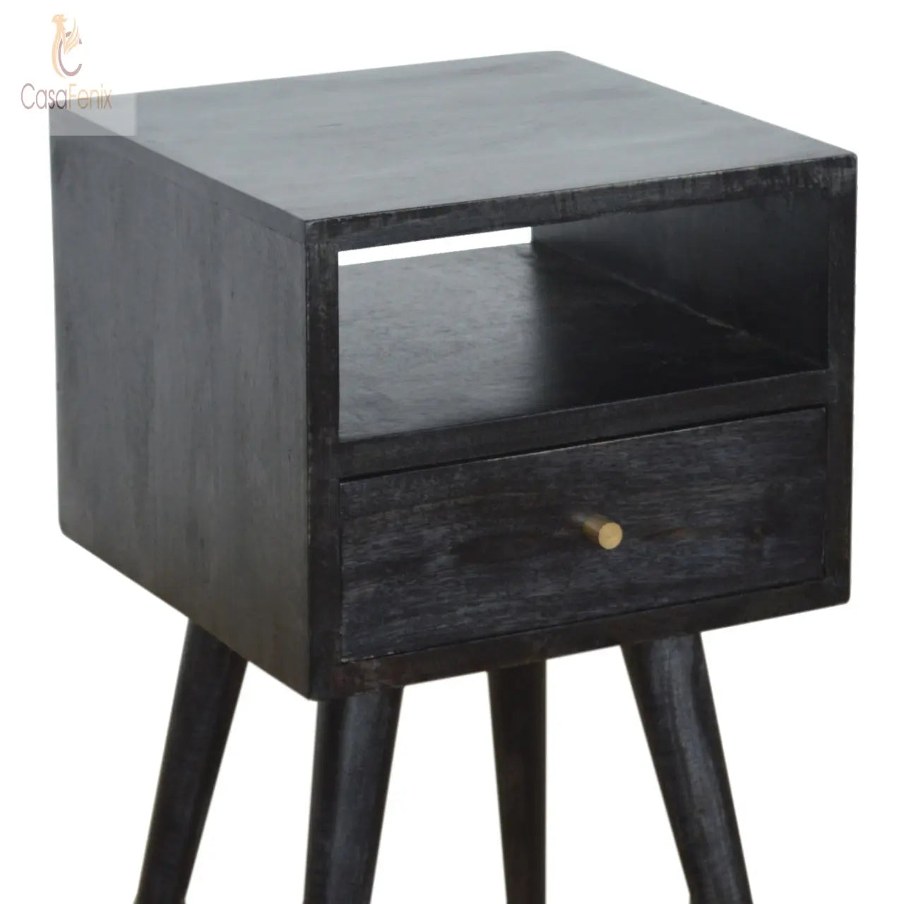 Small Ash Black Finish Bedside Table 1 Drawer Solid Wood Chest - CasaFenix