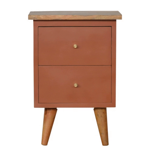 Brick Red Hand Painted Bedside Table 2 Drawer Chest Solid Wood - CasaFenix