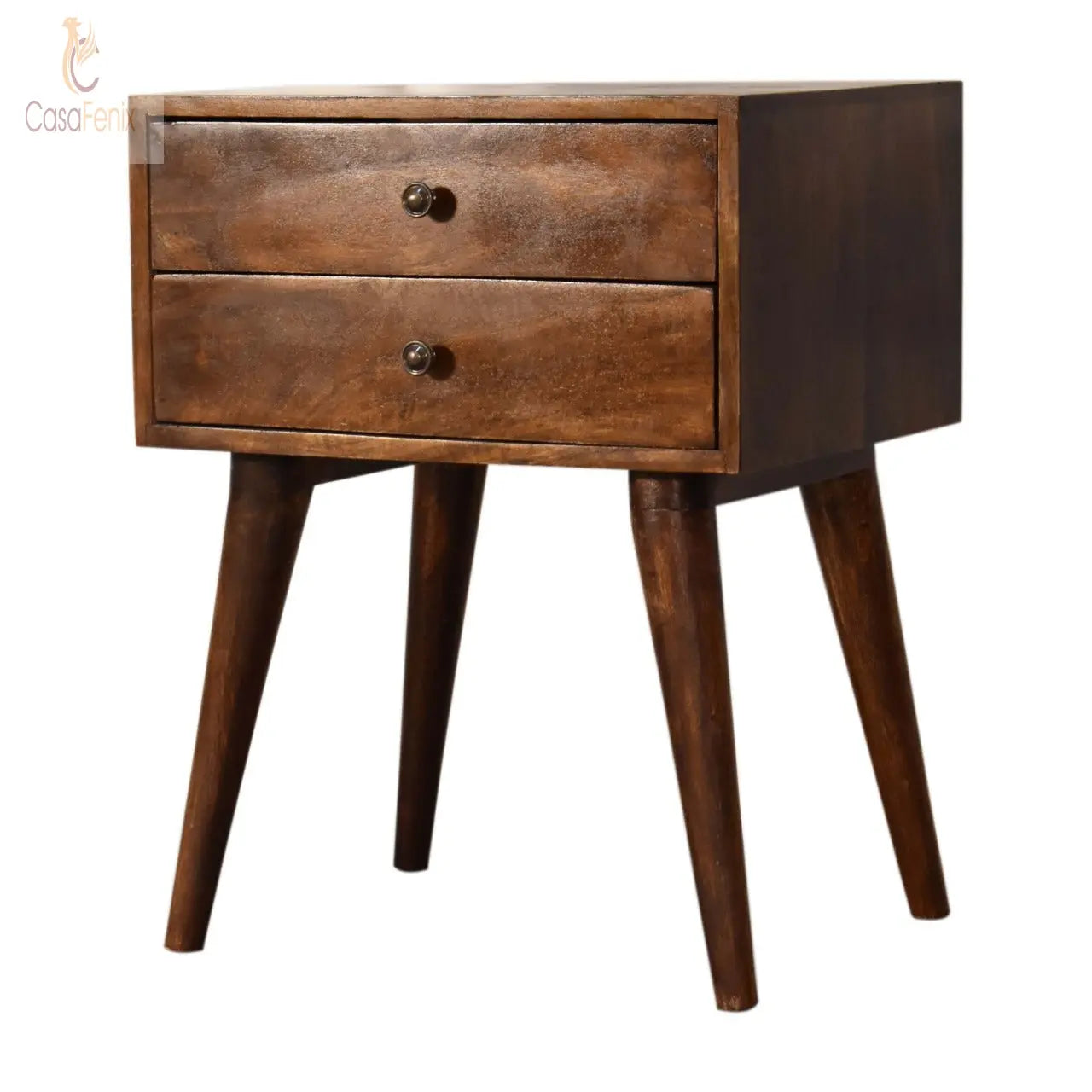 Chestnut Finish Modern Nordic 2 Drawer Bedside Chest Solid Mango Wood - CasaFenix