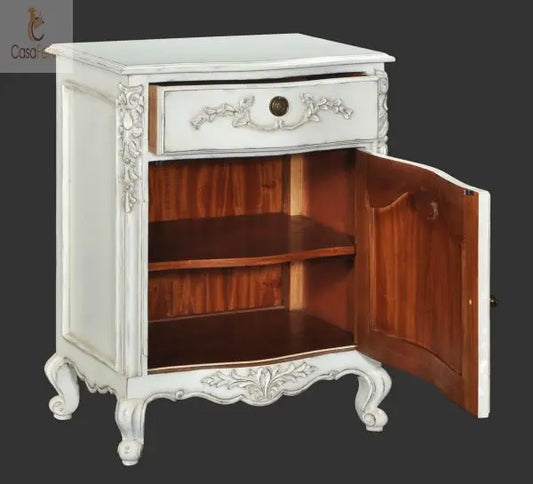 Amboise Heavily Carved Bedside Stand / Table 1 Drawer Chest 1 Rattan Door Solid Mahogany - CasaFenix