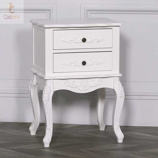 French Rococo Style White 2 Drawer Bedside Table Carved Cabriole Legs - CasaFenix
