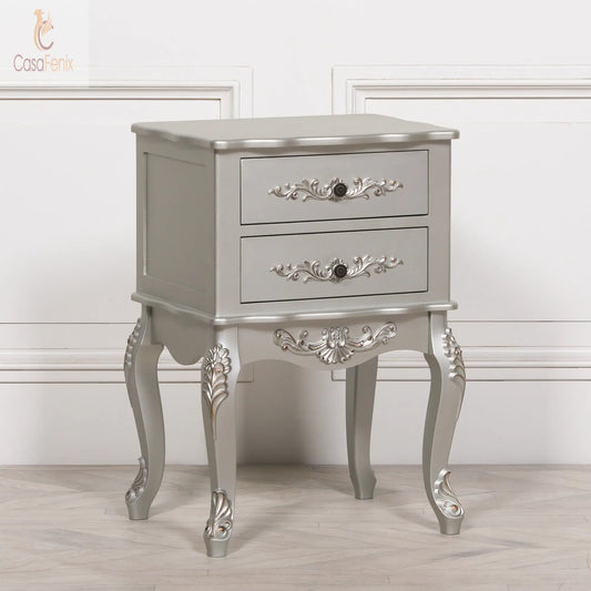 French Antique Silver Paint 2 Drawer Bedside Table Rococo Style Chest - CasaFenix