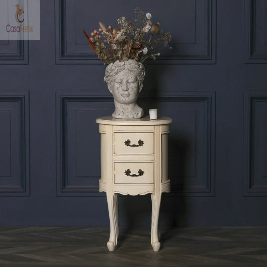 Aged Ivory Oval Bedside Table 2 Drawer Chest - CasaFenix