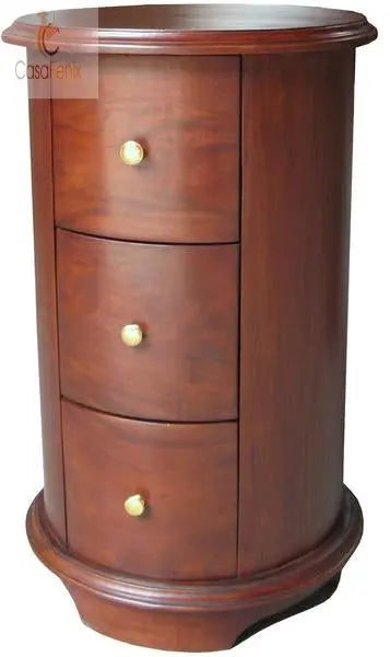 Round Colonial Style French Bedside Stand / Table Three Drawer Chest Solid Mahogany - CasaFenix