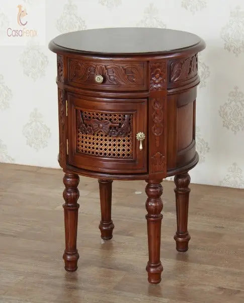 Round Drum French Style Bedside Stand / Table One Drawer Chest Solid Mahogany & Rattan - CasaFenix
