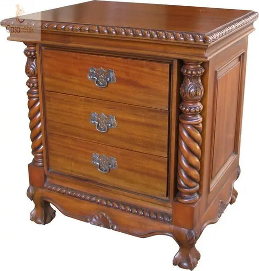 Chippendale Style Bedside Stand / Table Three Drawer Chest Solid Mahogany - CasaFenix