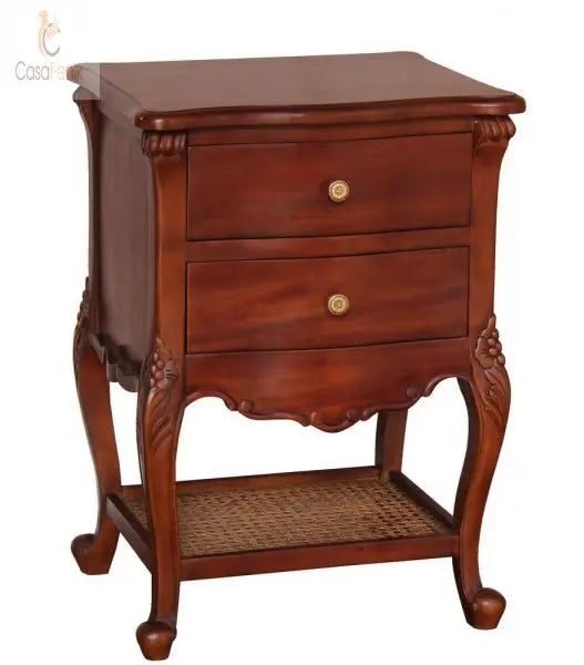 French Style Carved Bedside Stand / Table Two Drawer Chest Solid Mahogany & Rattan Shelf - CasaFenix