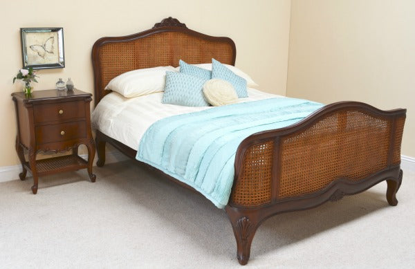 Elegant French Style Solid Mahogany & Rattan Bed - CasaFenix
