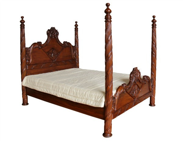 Stunning Heavily Carved Mahogany Four Column Poster Bed - CasaFenix