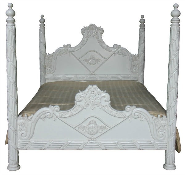 Stunning Heavily Carved Mahogany Four Column Poster Bed - CasaFenix