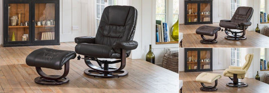 High Backed Swivel Recliner + Footstool Available in black, brown, burgundy, cream, grey. Heat Option - CasaFenix