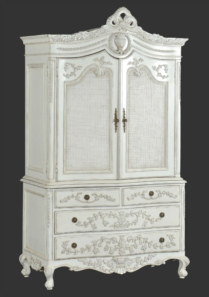 Amboise French Bedroom 2 Door Linen Press /  4 Drawer Chest Solid Carved Mahogany & Rattan - CasaFenix