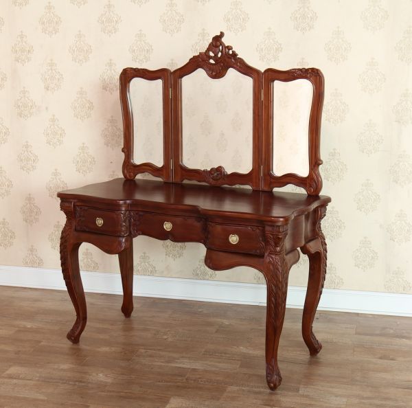 Rococo Style Solid Mahogany 3 Drawer Dressing Table + Tri Fold Mirror - CasaFenix