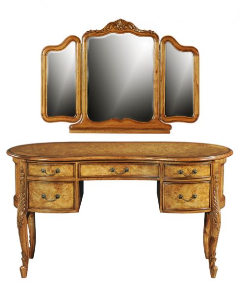 Cheshire Walnut Collection Large Kidney Shaped Dressing Table With Triple Mirror 5 Drawer - CasaFenix
