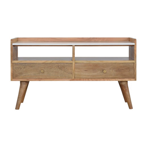 White Marble Top Media Unit 100% solid mango wood in an Oak-ish finish - CasaFenix