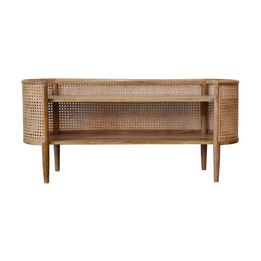 Larissa Curved Shelving Unit TV Stand Mango Wood & Rattan - CasaFenix