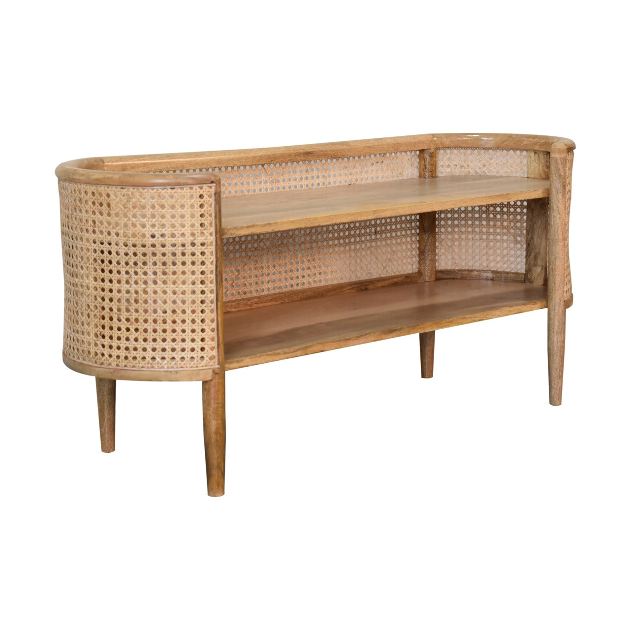 Larissa Curved Shelving Unit TV Stand Mango Wood & Rattan - CasaFenix