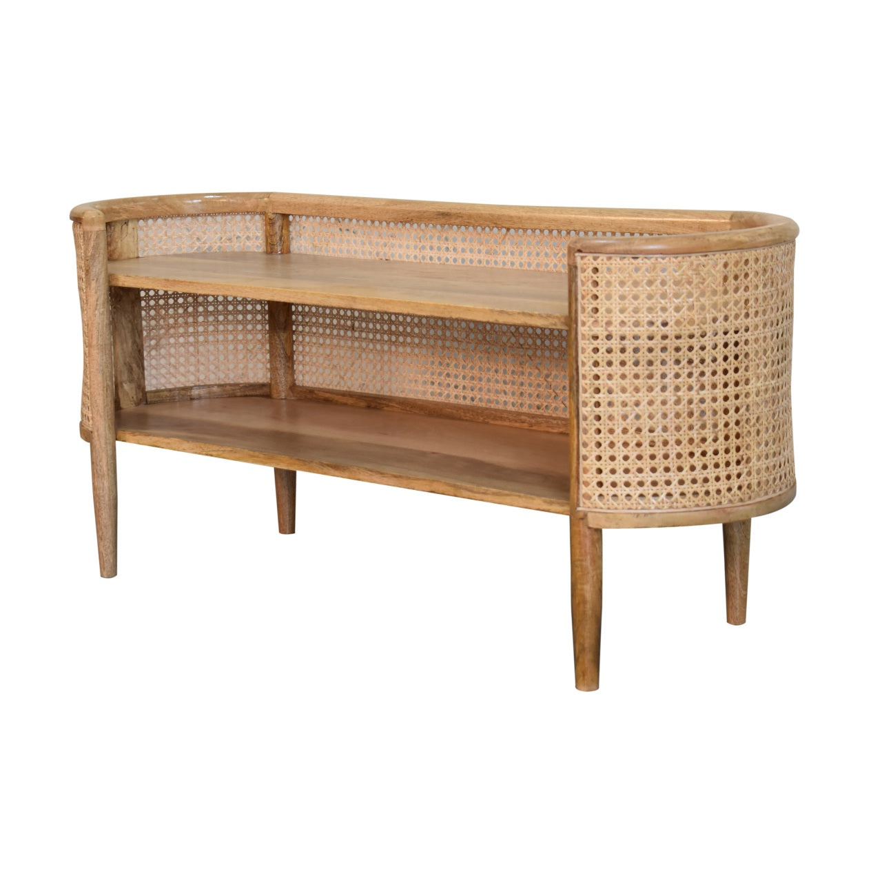 Larissa Curved Shelving Unit TV Stand Mango Wood & Rattan - CasaFenix