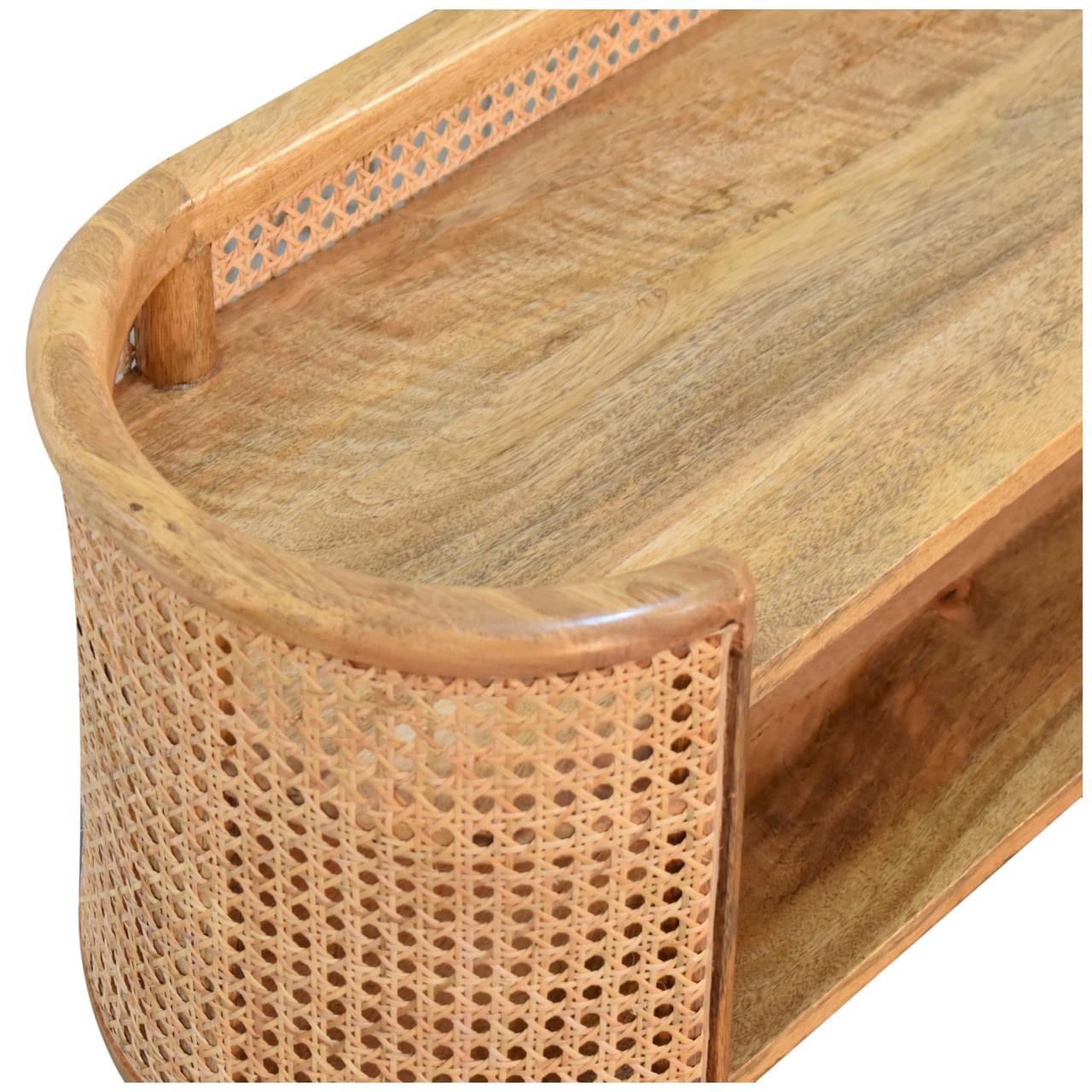 Larissa Curved Shelving Unit TV Stand Mango Wood & Rattan - CasaFenix