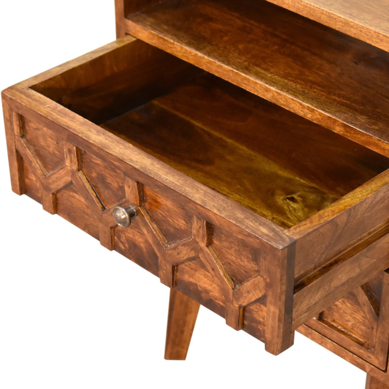 Amouri Bedside Table 2 Drawer Chest in Chestnut Finish Over SOlid Mango Wood - CasaFenix