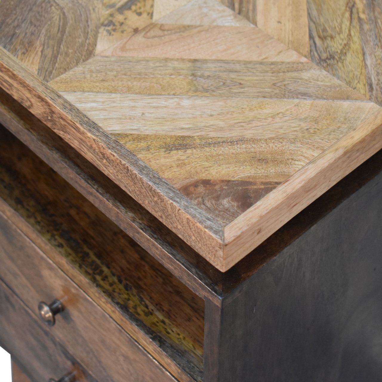 Platform Bedside Table 2 Drawer Chest Dark Finish Over  Mango Wood - CasaFenix