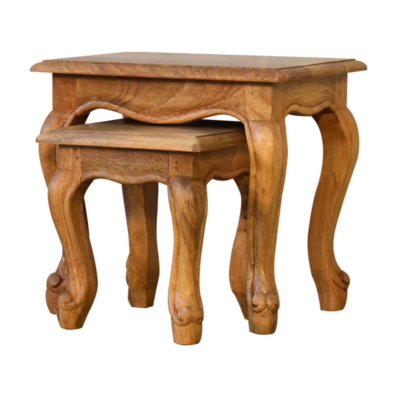 Oak-ish French Style 2 Stool Set Two Small Solid Mang Wood Tables - CasaFenix