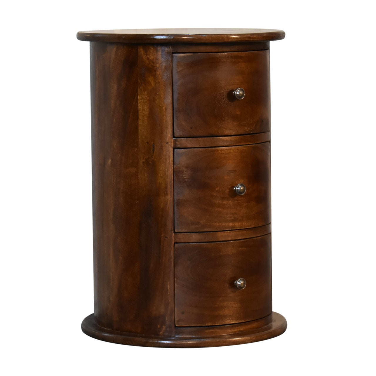 Chestnut Finish Over Solid Mango Wood 3 Drawer Drum Chest Bedside table - CasaFenix