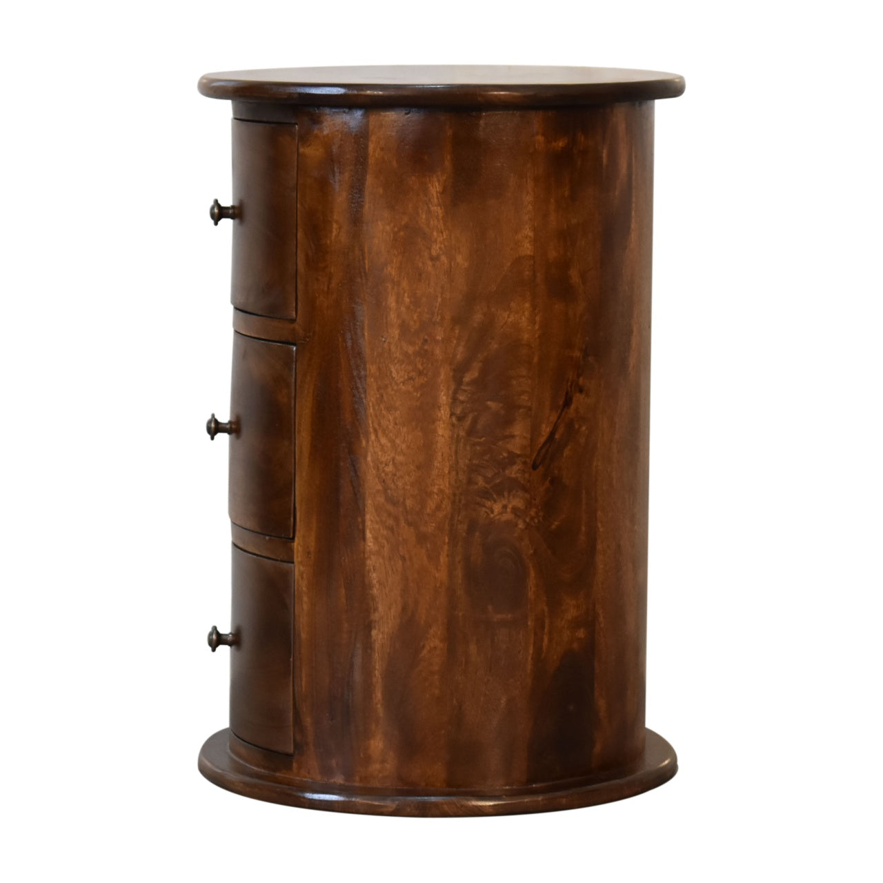 Chestnut Finish Over Solid Mango Wood 3 Drawer Drum Chest Bedside table - CasaFenix