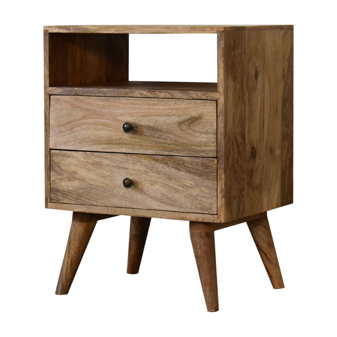 Classic Oak-ish Bedside Table 2 Drawer Chest Solid Mango Wood - CasaFenix
