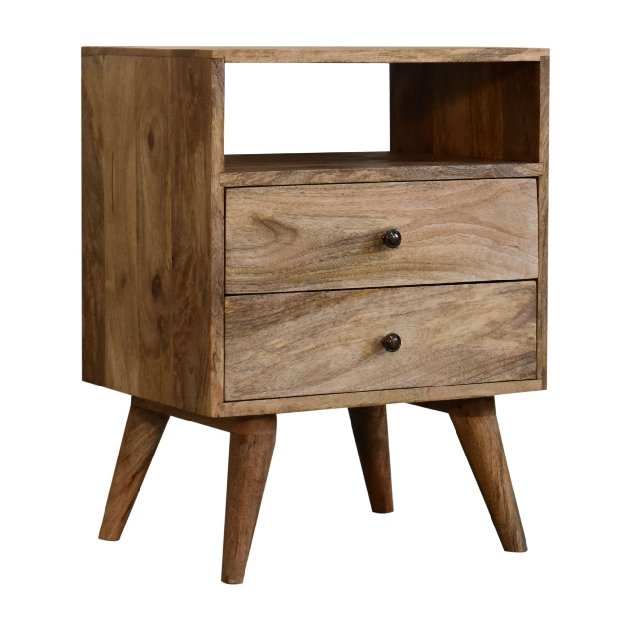 Classic Oak-ish Bedside Table 2 Drawer Chest Solid Mango Wood - CasaFenix
