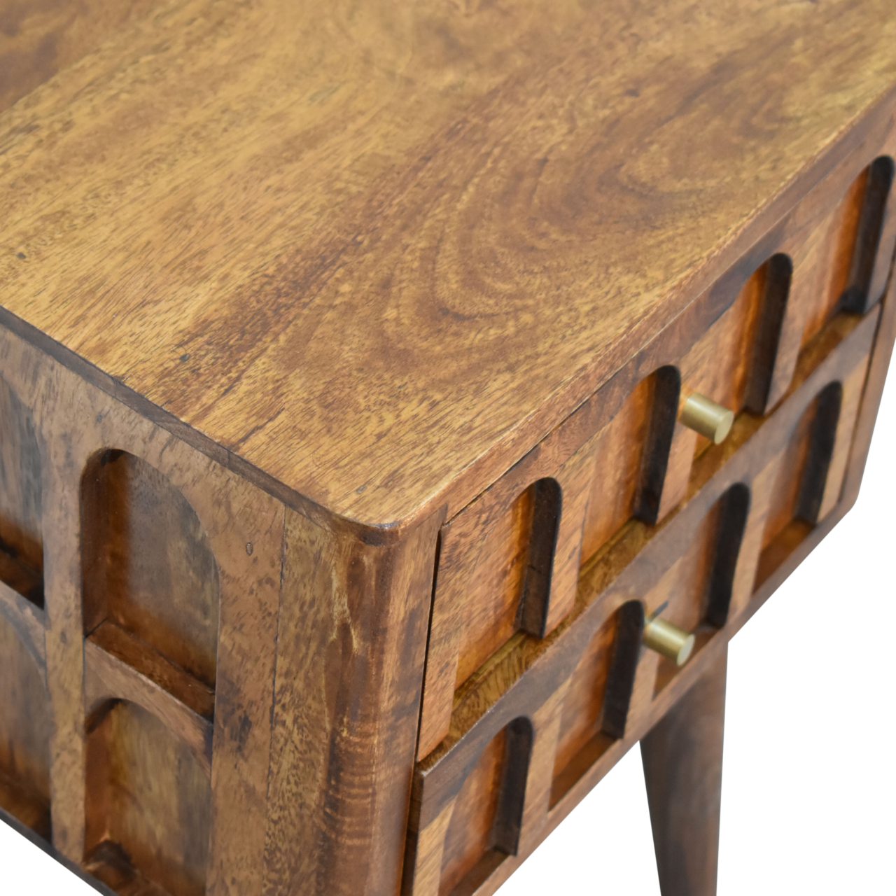 Chestnut Carved Arch Bedside Table 2 Drawer Chest made with Mango Wood - CasaFenix