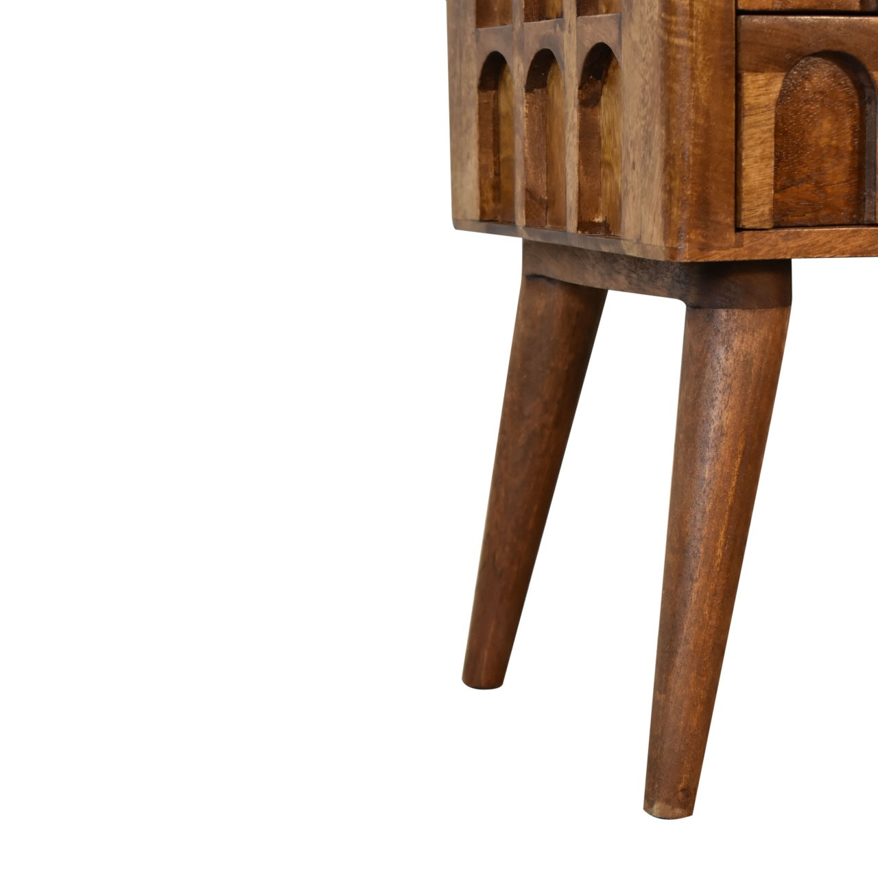 Chestnut Carved Arch Bedside Table 2 Drawer Chest made with Mango Wood - CasaFenix