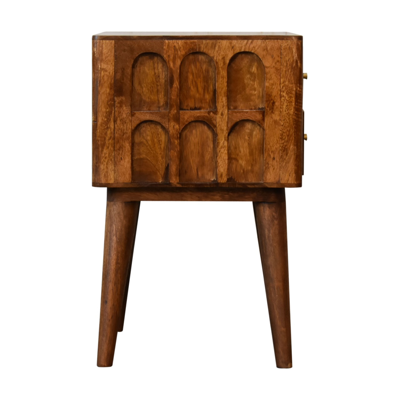 Chestnut Carved Arch Bedside Table 2 Drawer Chest made with Mango Wood - CasaFenix
