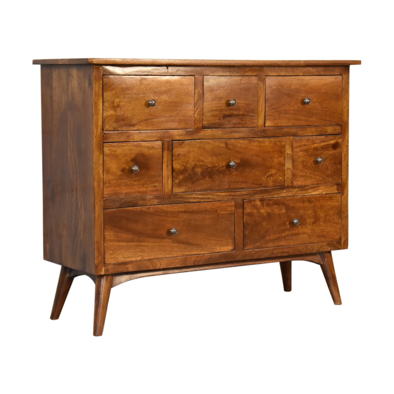 Chestnut Finish over Solid Wood 8 Drawer Chest Various Shaped Drawers - CasaFenix