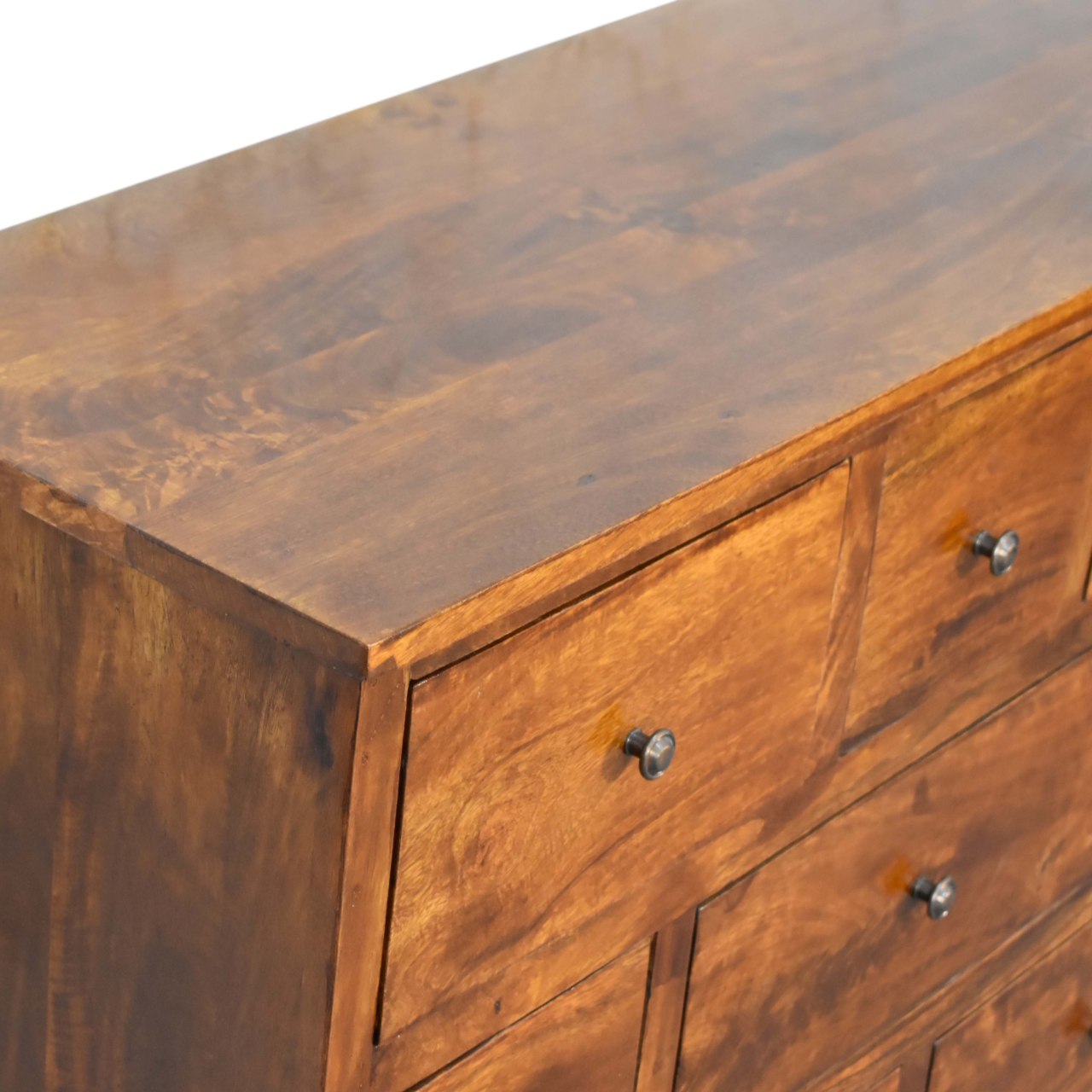 Chestnut Finish over Solid Wood 8 Drawer Chest Various Shaped Drawers - CasaFenix
