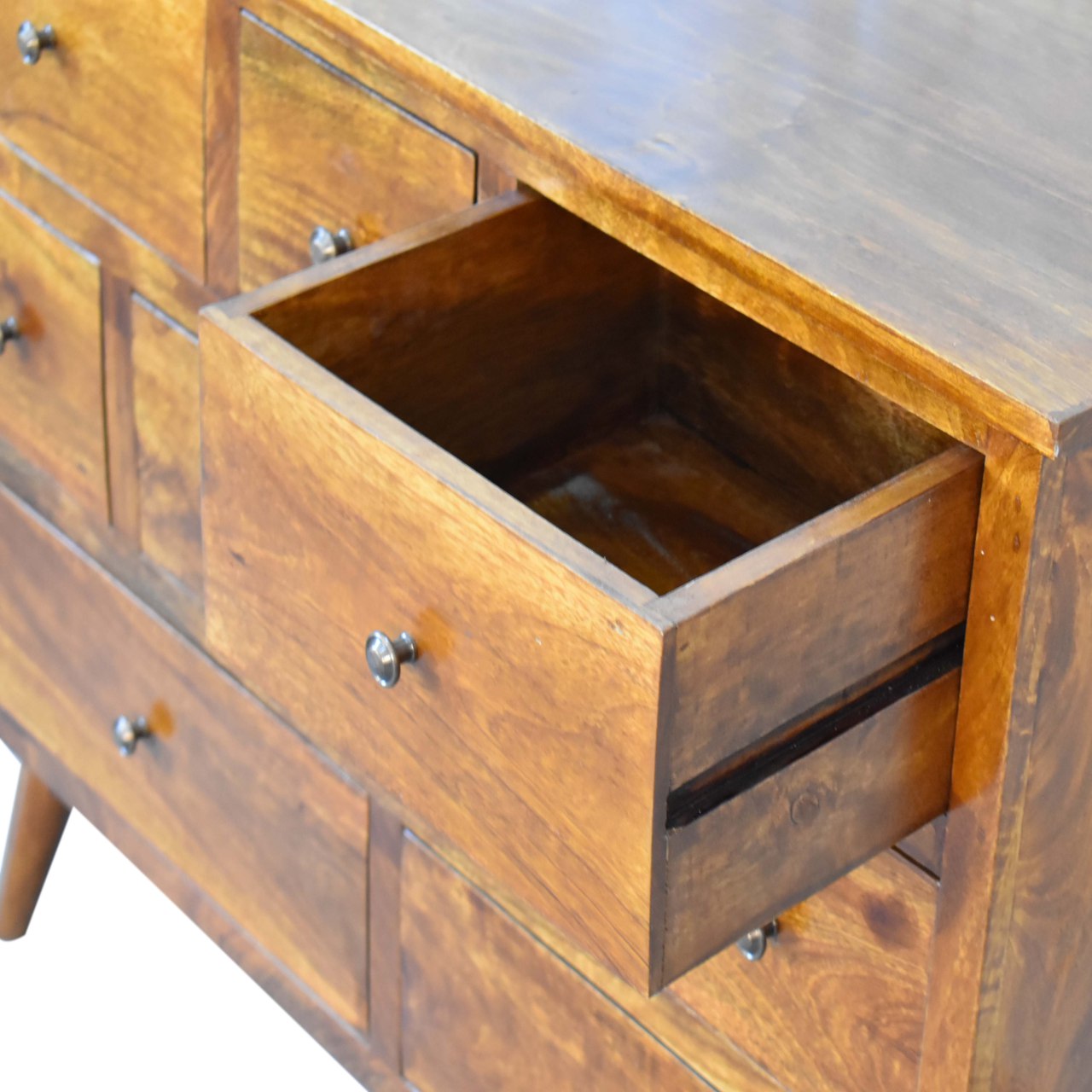 Chestnut Finish over Solid Wood 8 Drawer Chest Various Shaped Drawers - CasaFenix