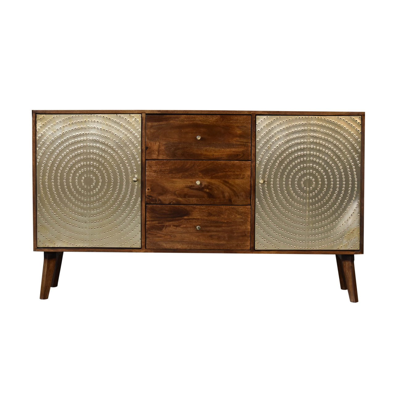 Zen Sideboard 2 Brass Metal Fronted Doors 3 Drawers Chestnut Finish - CasaFenix