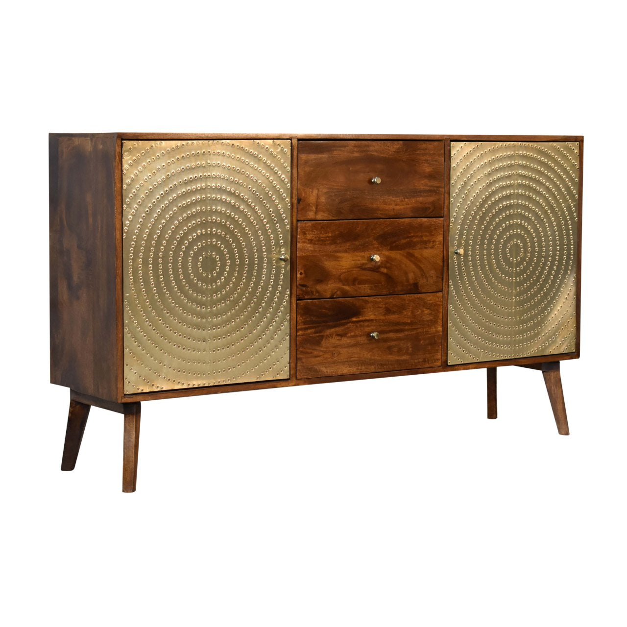 Zen Sideboard 2 Brass Metal Fronted Doors 3 Drawers Chestnut Finish - CasaFenix