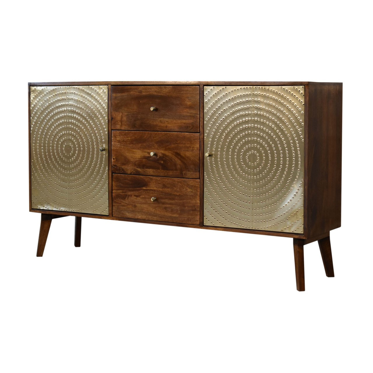 Zen Sideboard 2 Brass Metal Fronted Doors 3 Drawers Chestnut Finish - CasaFenix