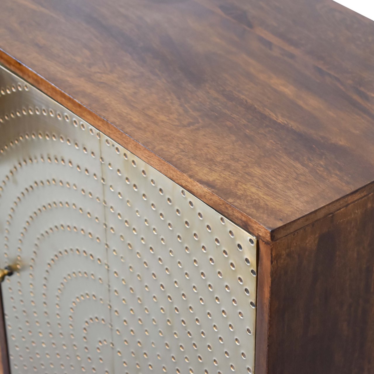 Zen Sideboard 2 Brass Metal Fronted Doors 3 Drawers Chestnut Finish - CasaFenix