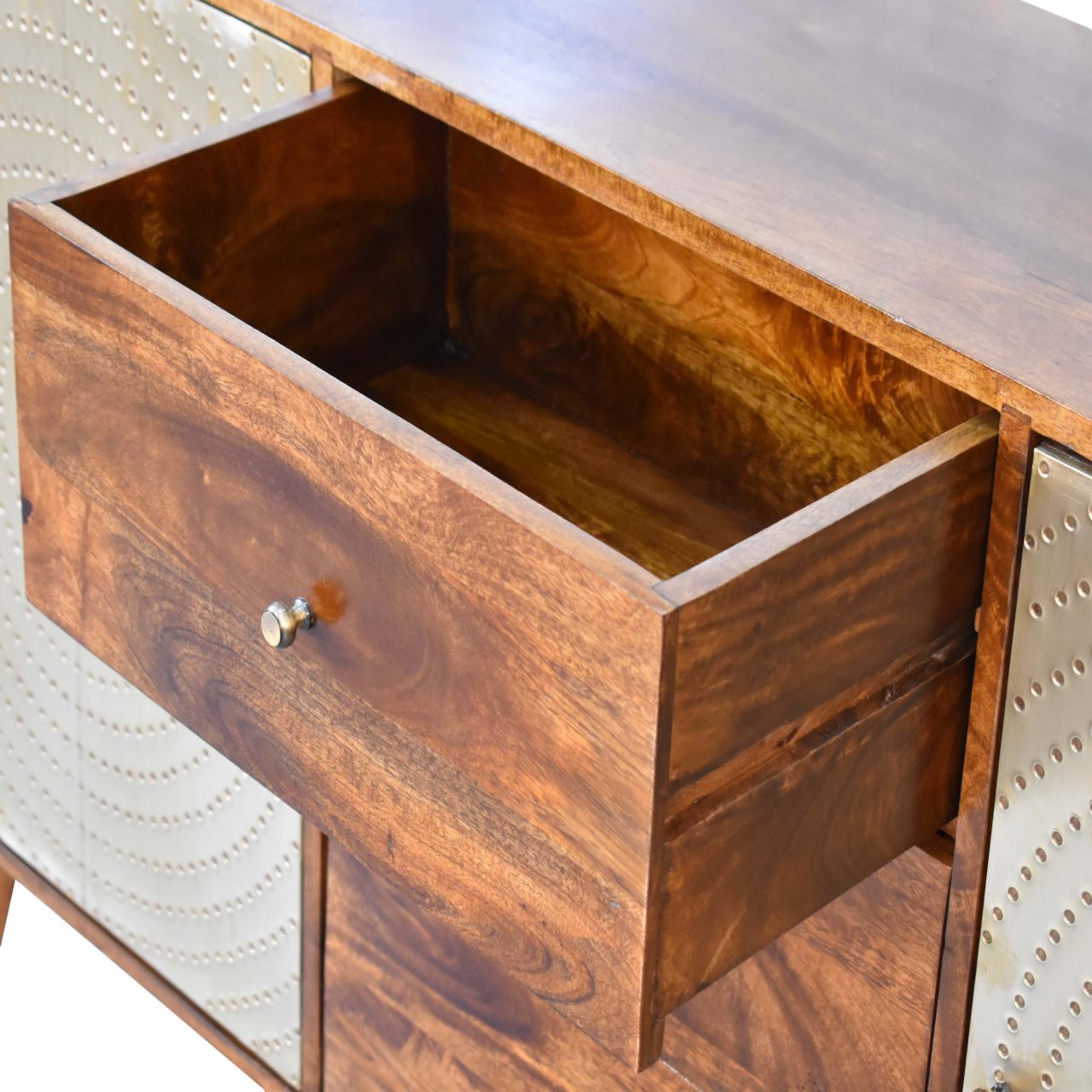 Zen Sideboard 2 Brass Metal Fronted Doors 3 Drawers Chestnut Finish - CasaFenix