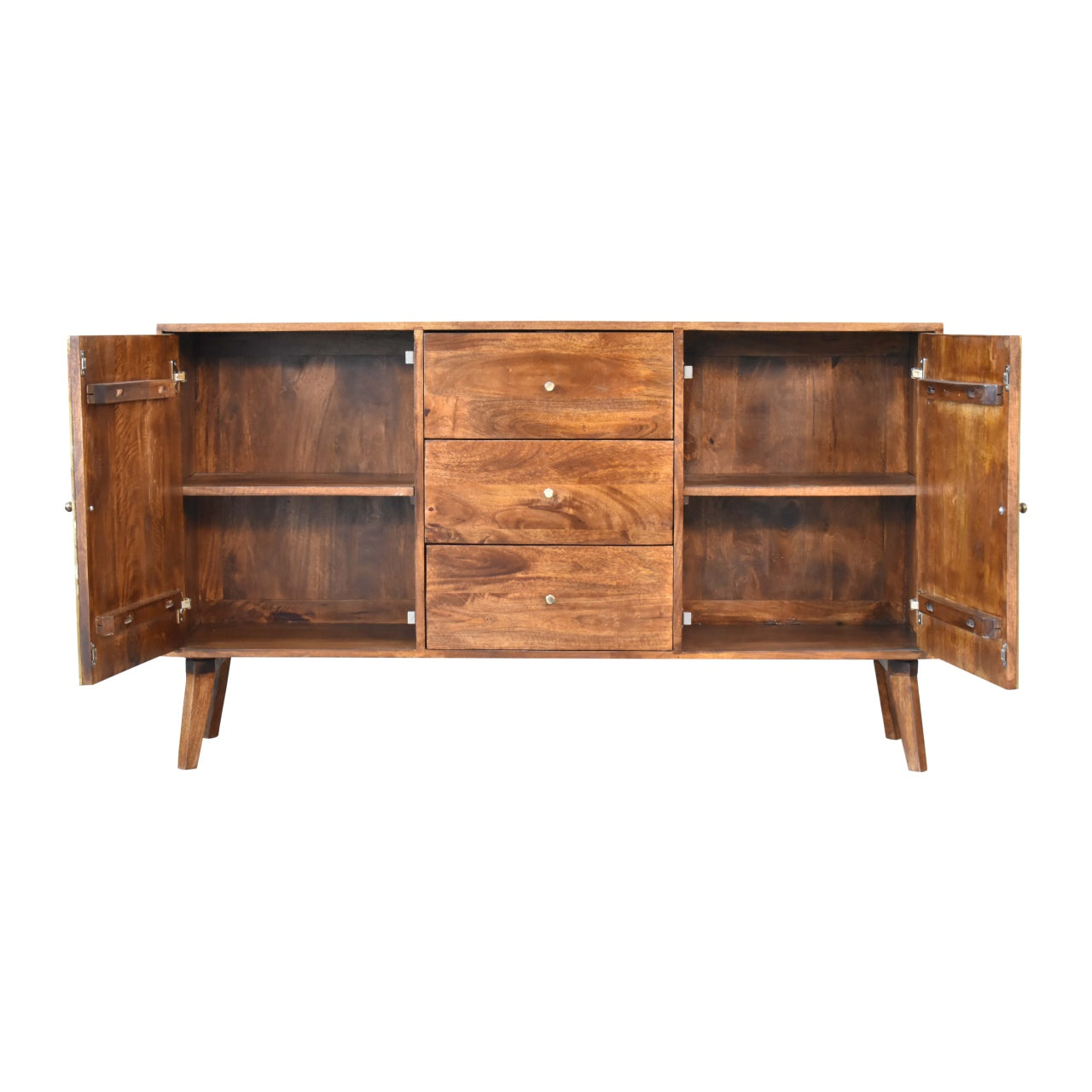 Zen Sideboard 2 Brass Metal Fronted Doors 3 Drawers Chestnut Finish - CasaFenix