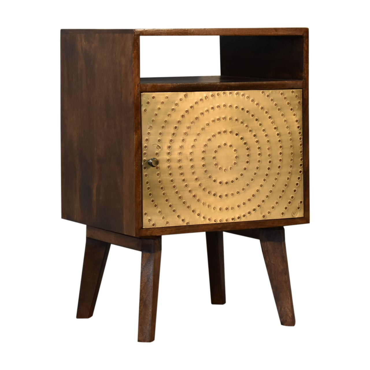Zen Bedside 1 Door Cabinet Brass Metal Front Doors over Solid Mango Wood in Chestnut Finish - CasaFenix