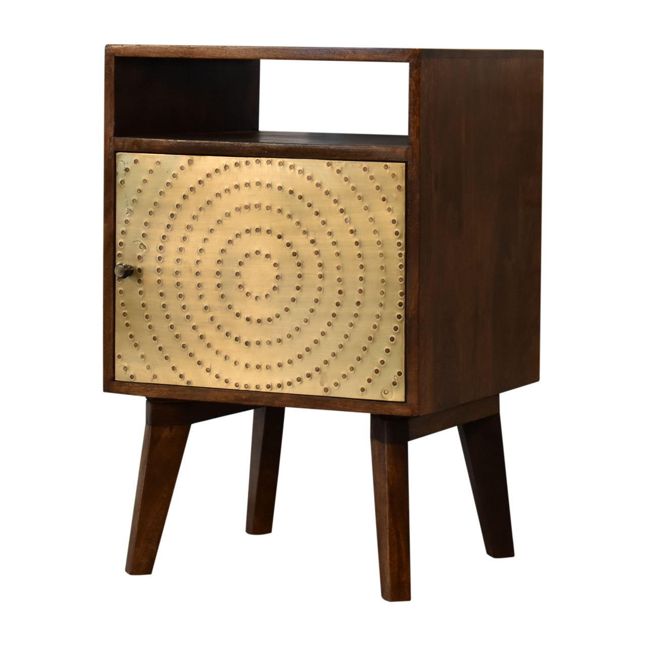 Zen Bedside 1 Door Cabinet Brass Metal Front Doors over Solid Mango Wood in Chestnut Finish - CasaFenix