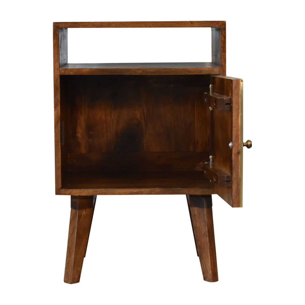 Zen Bedside 1 Door Cabinet Brass Metal Front Doors over Solid Mango Wood in Chestnut Finish - CasaFenix