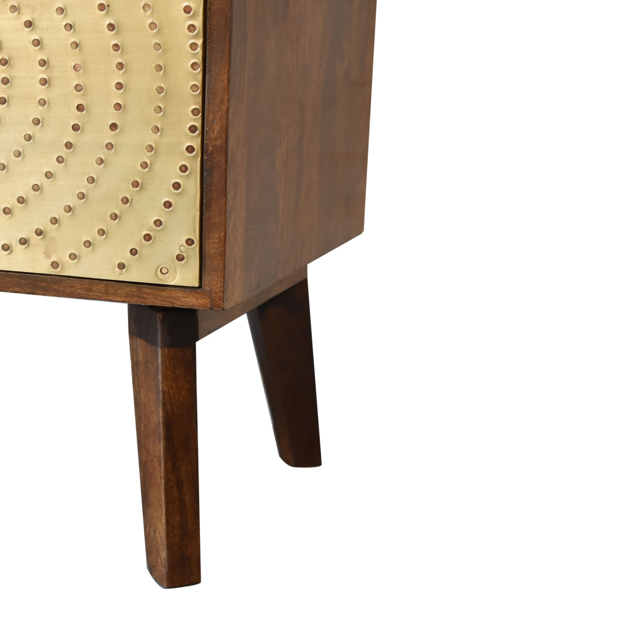Zen Bedside 1 Door Cabinet Brass Metal Front Doors over Solid Mango Wood in Chestnut Finish - CasaFenix